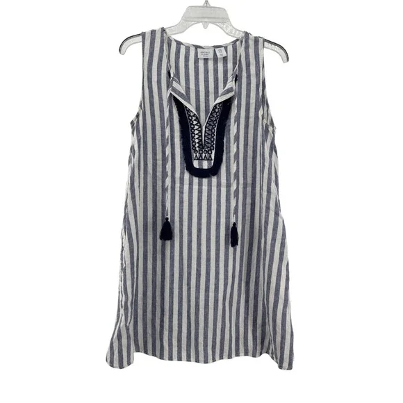 Antibes Blanc Blue White Linen Tunic Dress Preppy Beach Women's Medium - Picture 1 of 8